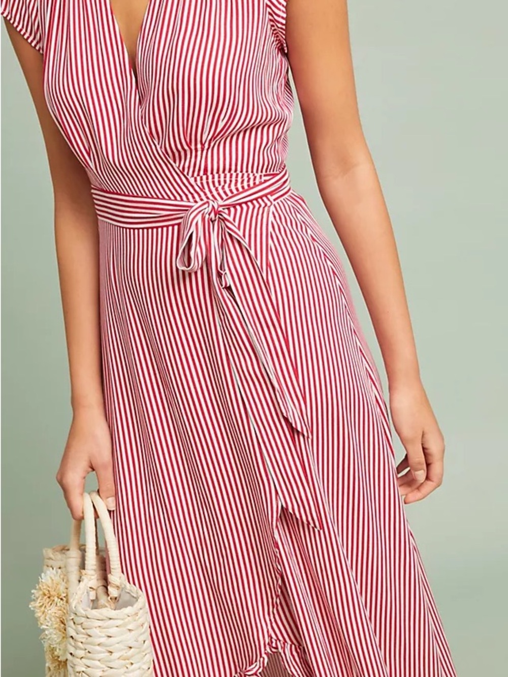 Anthropologie XIX Palms Red and White Striped Wrap Maxi Dress M (6)